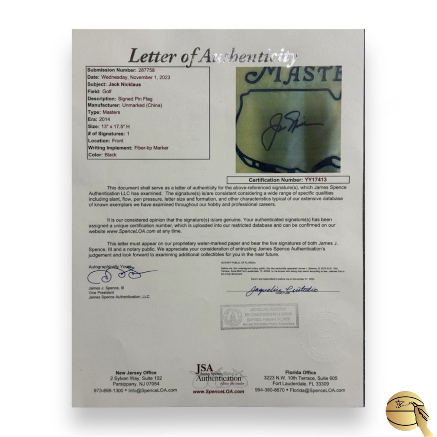 Master Flag autografiada por Jack Nicklaus