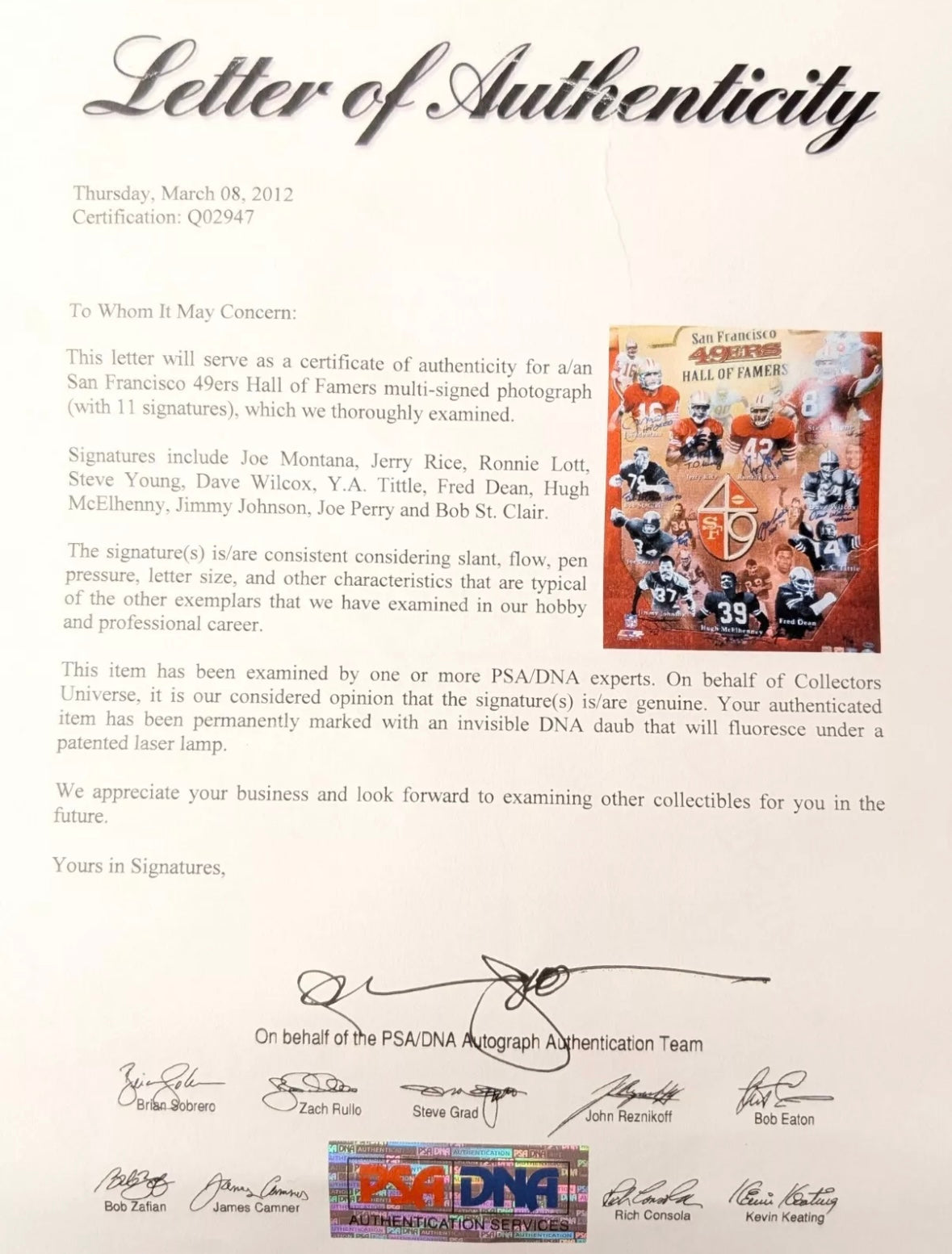 Foto autografiada por 11 Hall Of Famers de 49ers