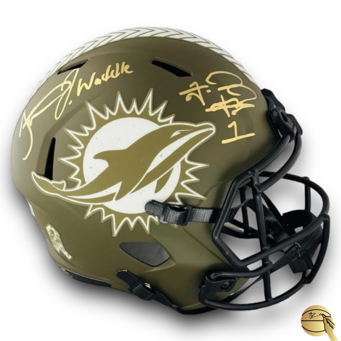 Casco autografiado por Tua Tagovailoa, Jaylen Waddle y Tyreek Hill